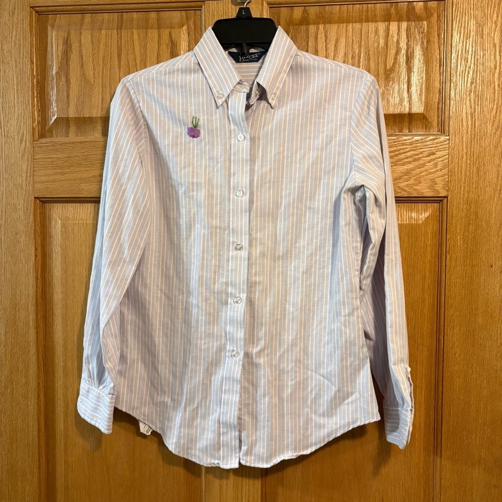 Vintage 70s Dee Cee Lavender Stripe Button Up Women’s M Made In USA Thistle Logo